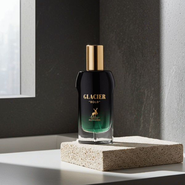 Glacier Bold Maison Alhambra turquoise bottle on palm leaf background