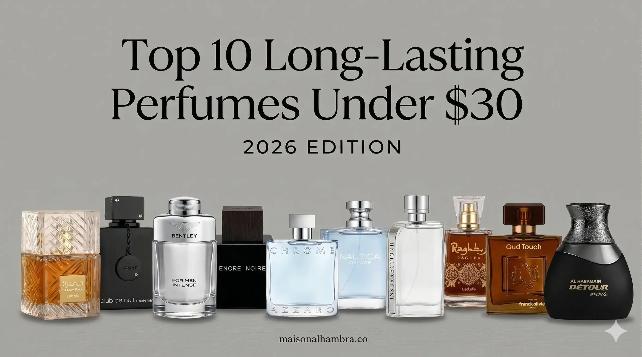 Top 10 long-lasting perfumes under $30 for 2026 edition featuring various branded fragrance bottles.