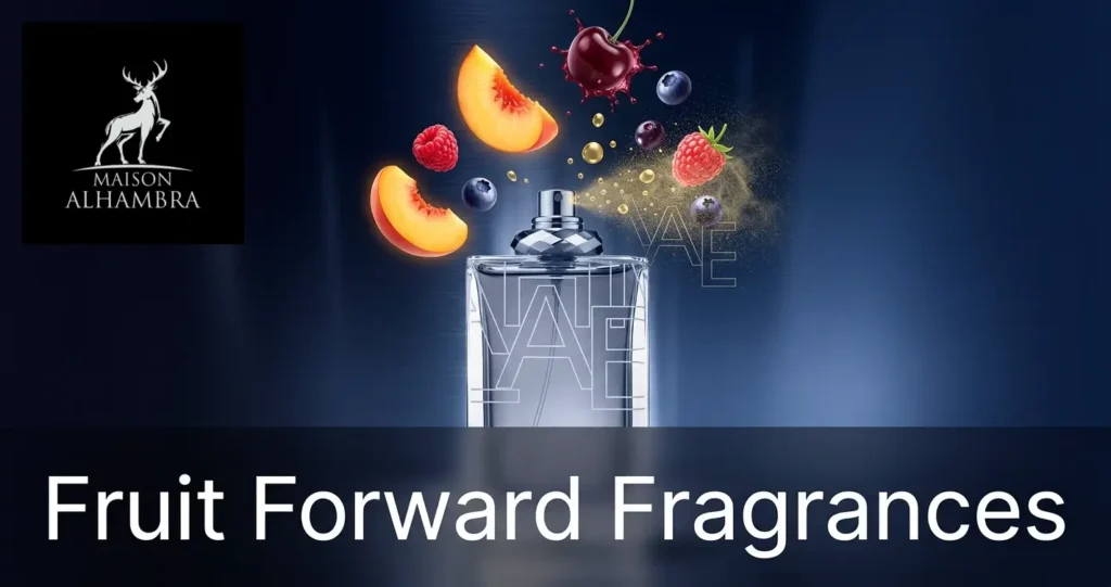 Maison Alhambra perfume bottle surrounded by vibrant pulpy fruits like peaches, cherries, and berries, emphasizing fruit-forward fragrances.