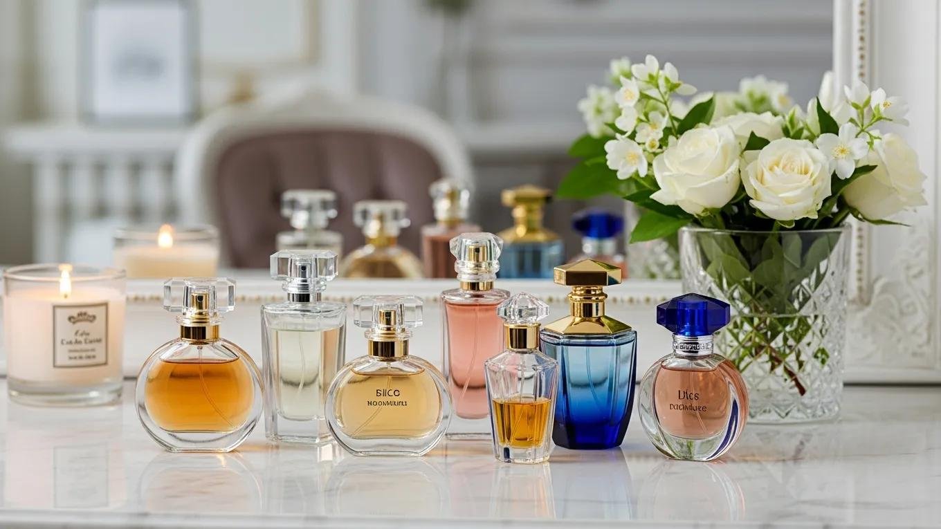 A collection of luxurious perfume bottles on a vanity, symbolizing the enchanting world of fragrances