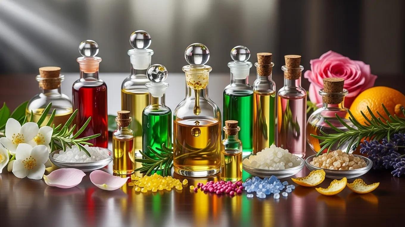 A collection of perfume ingredients including natural oils and synthetic compounds in elegant vials