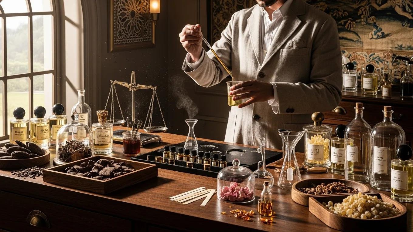 Arabic vs French Perfumes: What Makes Maison Alhambra Unique 4 A perfumer blending Arabic and French perfume traditions in a stylish studio setting