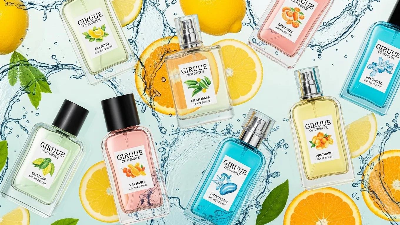 Aesthetic arrangement of citrus and aquatic perfume bottles with fresh fruits, symbolizing energizing scents