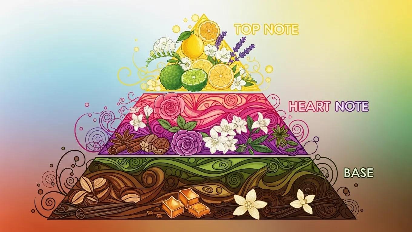 An artistic scent pyramid illustrating top, middle, and base notes in perfume, showcasing the complexity of fragrance