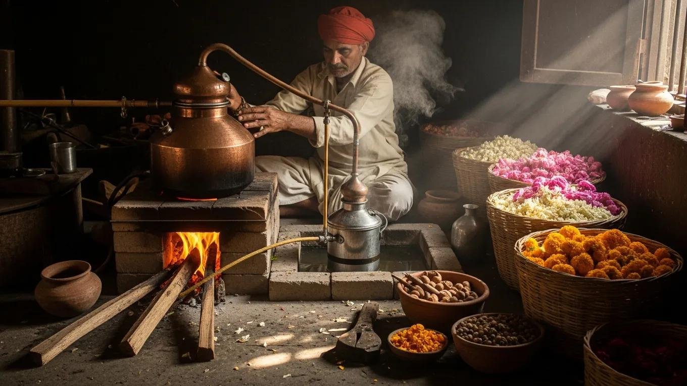 Artisan distilling attar using traditional methods, showcasing the craftsmanship and natural ingredients involved