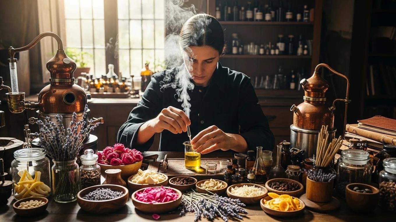 Artisanal perfume crafting process with natural ingredients and skilled perfumer