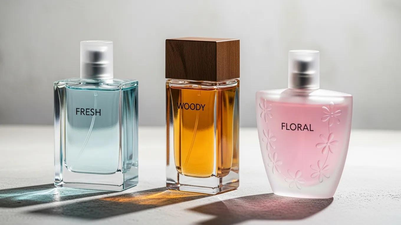 Artistic display of fragrance bottles representing fresh, woody, and floral scents for professional settings