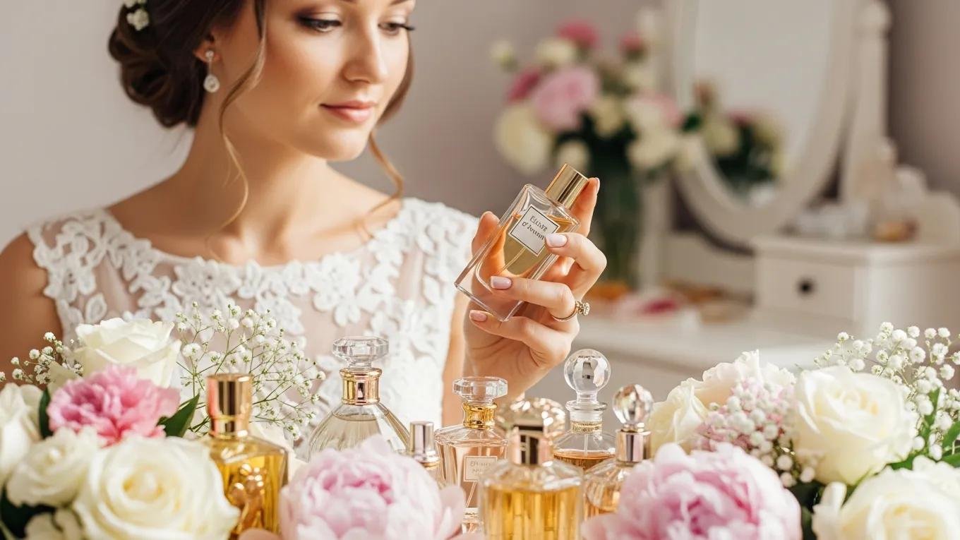 Bride selecting from a luxurious collection of bridal perfumes with floral arrangements