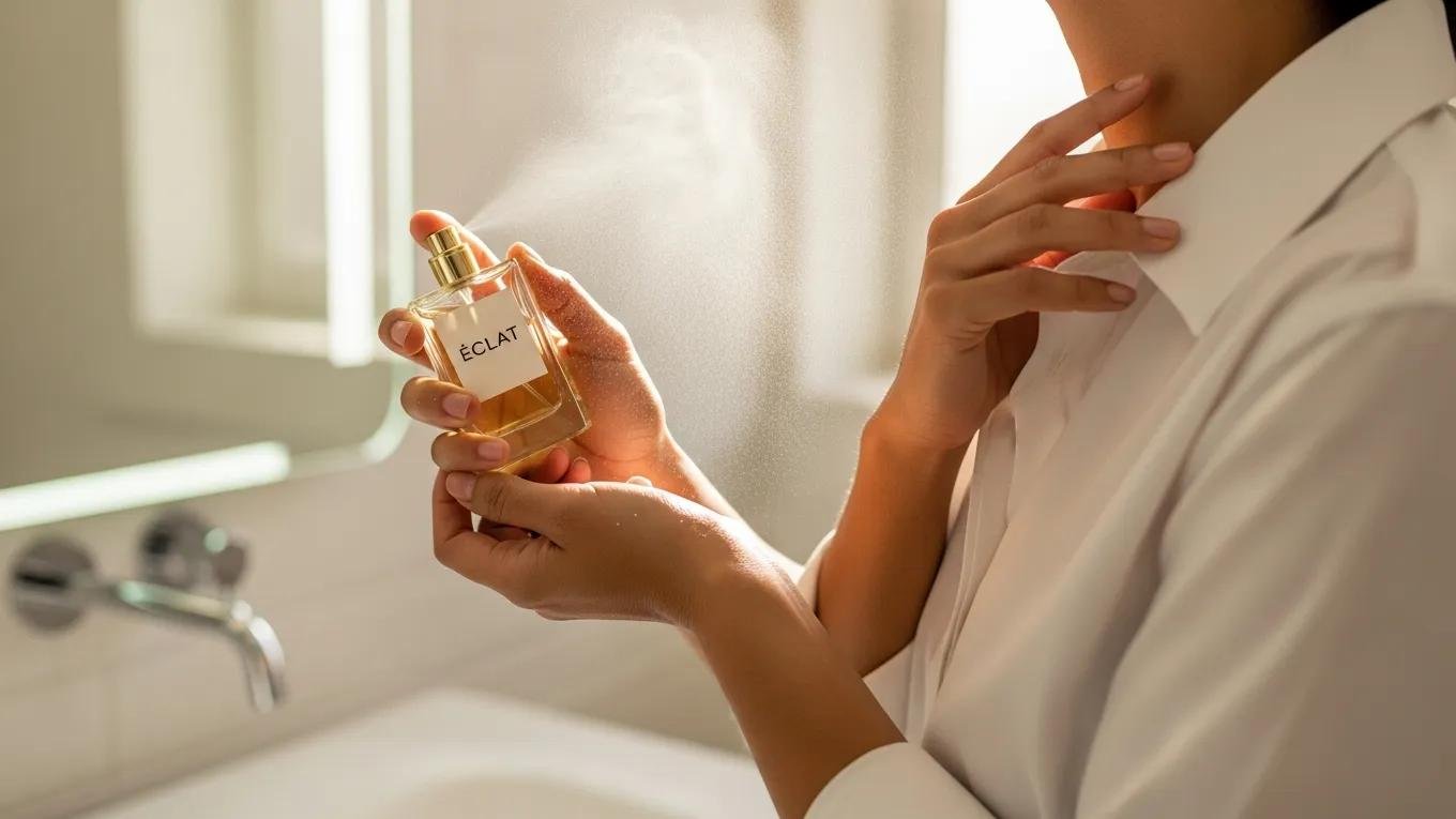 Close-up of a person applying fragrance to pulse points in a stylish bathroom setting
