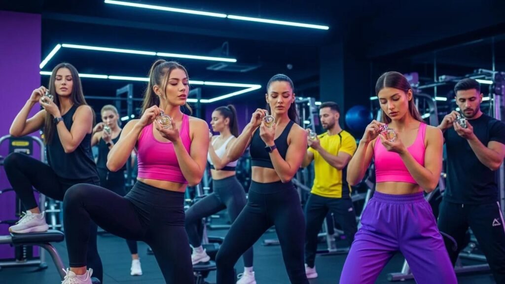 Diverse individuals in a gym applying perfumes, embodying an active lifestyle and freshness
