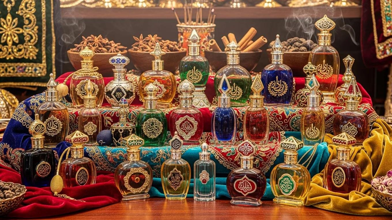 Elegant display of attar perfume bottles in a Middle Eastern market, showcasing rich colors and intricate designs