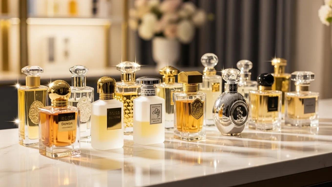 Elegant display of luxury perfume bottles representing Maison Alhambra's exclusive fragrance offerings