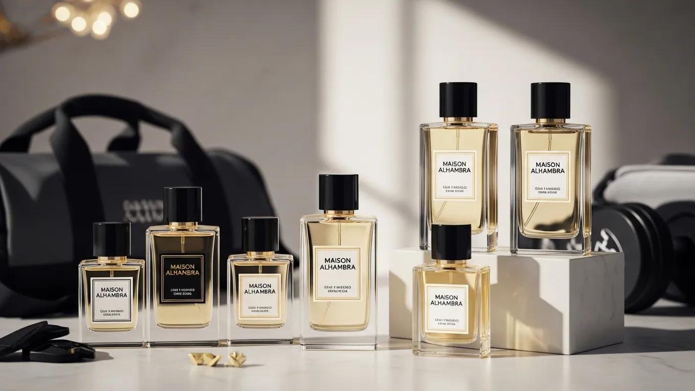 Elegant display of Maison Alhambra's luxury perfume collection, highlighting sophistication and active lifestyle
