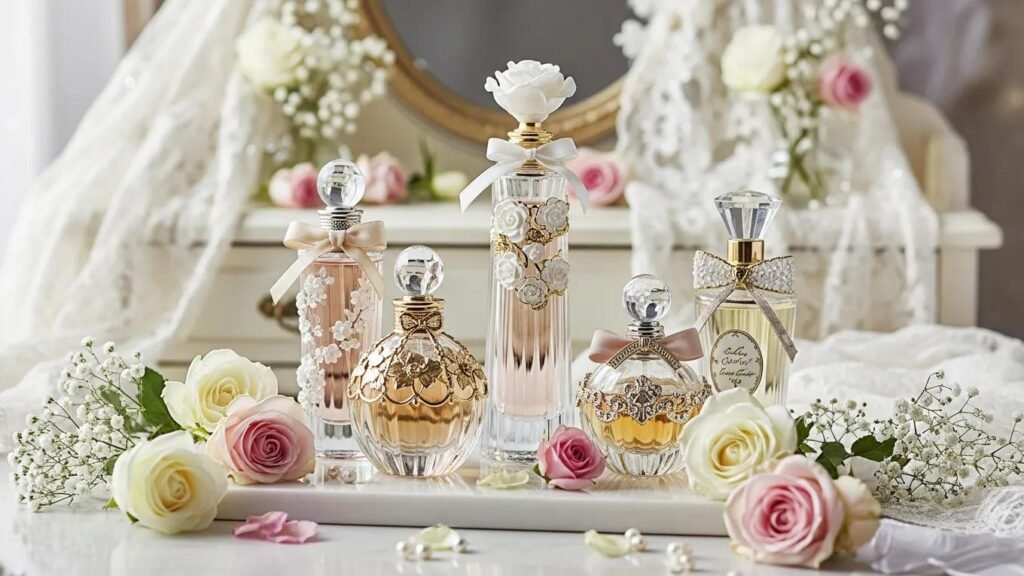 Elegant wedding perfumes displayed with floral accents, evoking romance and luxury