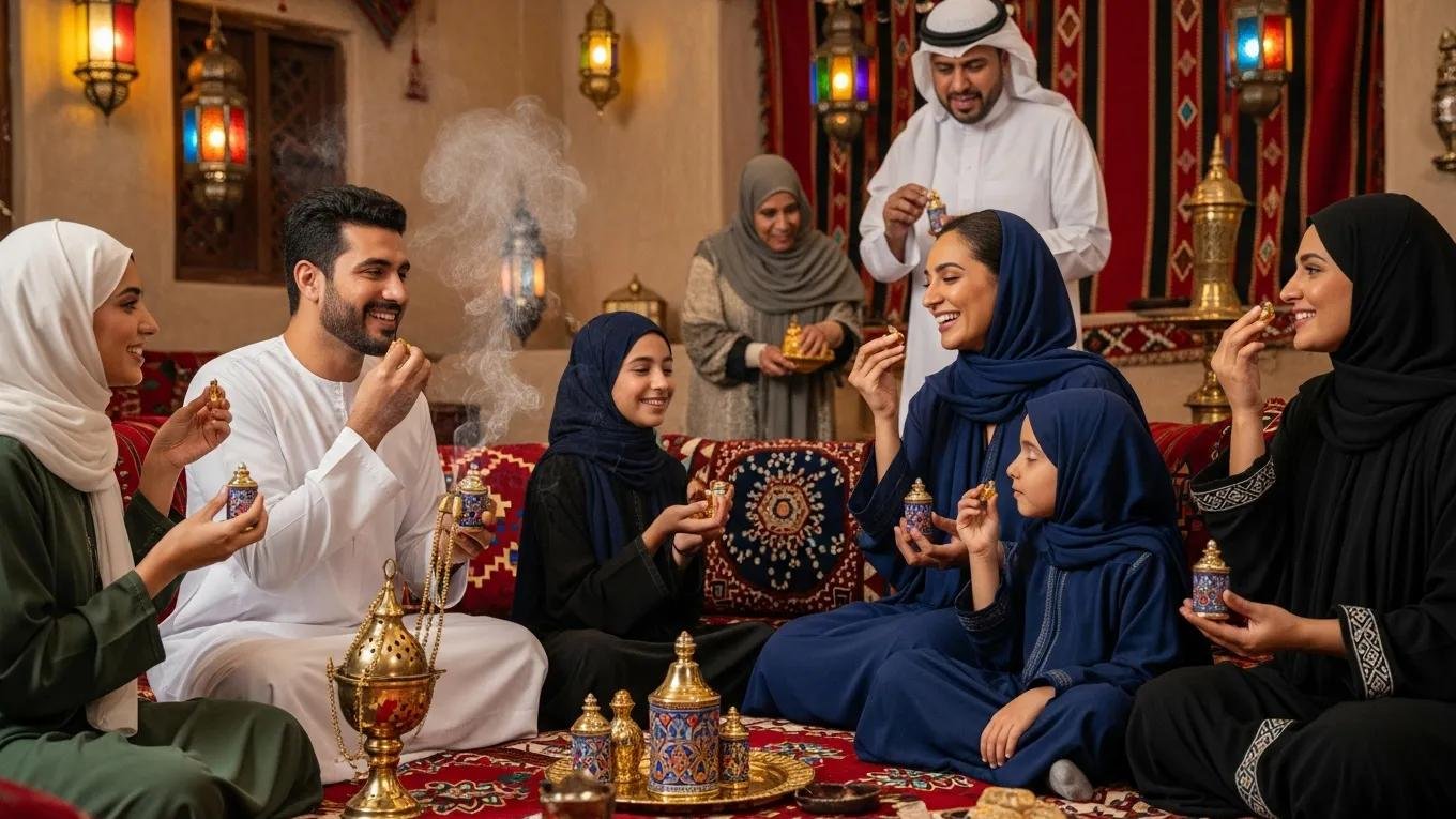 Family gathering in a Middle Eastern home applying attar, highlighting cultural significance and tradition