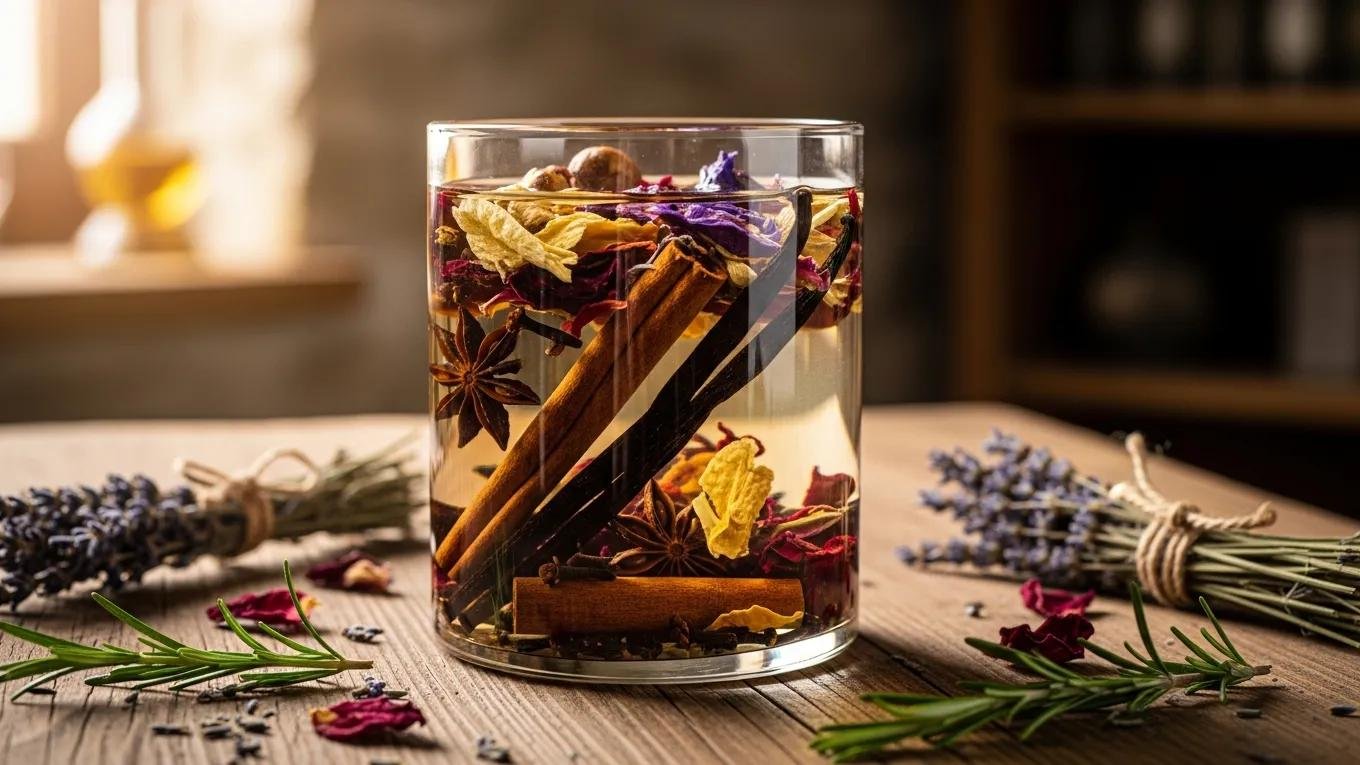 Glass container with raw materials soaking in alcohol, illustrating the maceration process in perfume creation