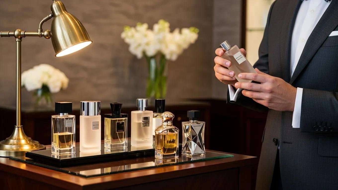 Groom selecting sophisticated colognes in an elegant setting, showcasing modern style
