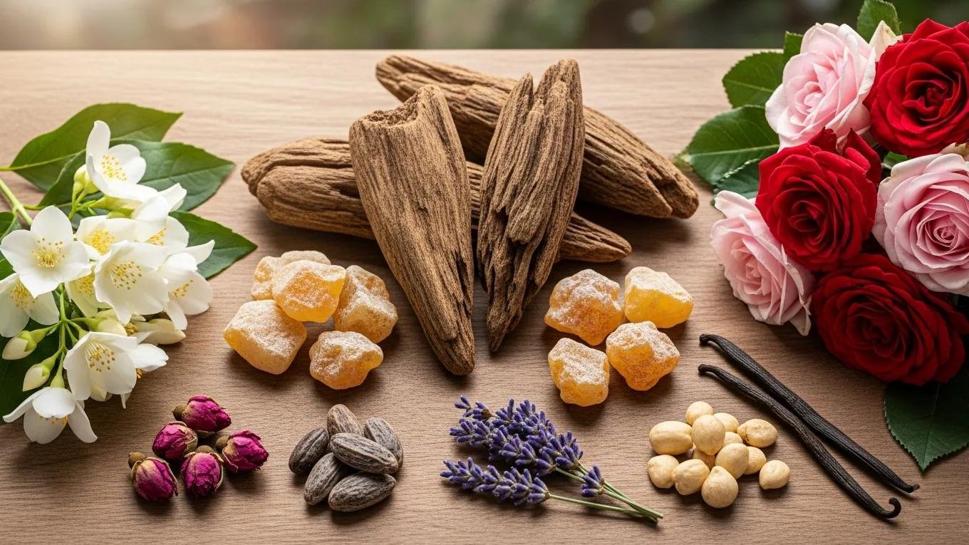 Arabic vs French Perfumes: What Makes Maison Alhambra Unique 3 Key ingredients of Arabic and French perfumes including oud, amber, jasmine, and rose