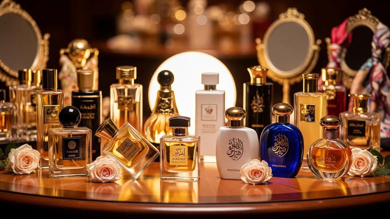Luxurious Arabic and French perfume bottles showcasing cultural richness and sophistication