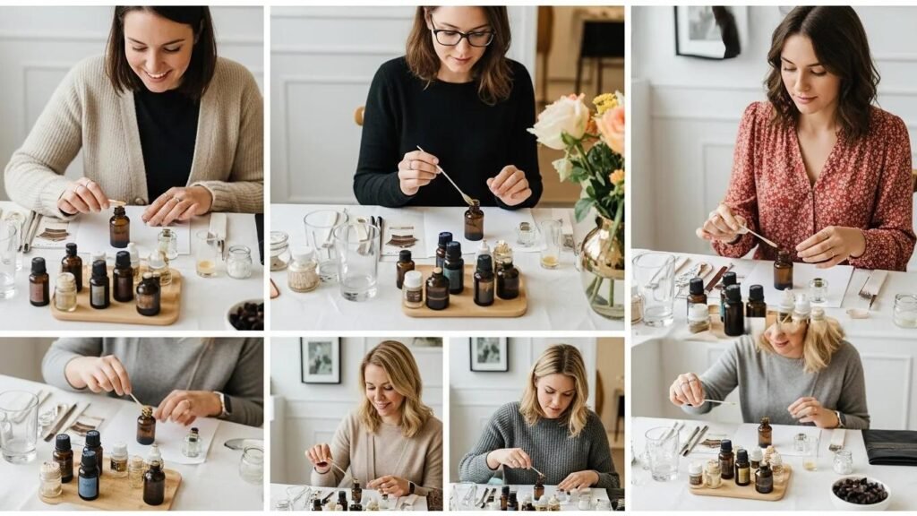 Luxurious fragrance workshop with participants creating perfumes and various ingredients displayed