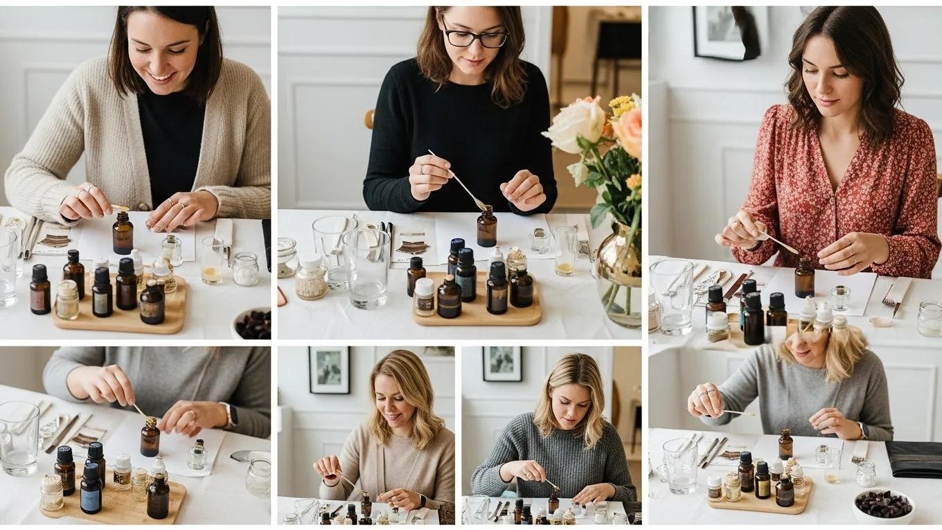 Luxurious fragrance workshop with participants creating perfumes and various ingredients displayed