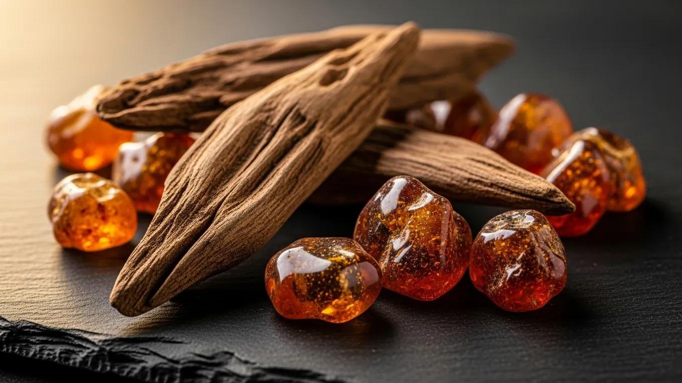 Luxurious oud wood and amber resin representing Middle Eastern perfume ingredients