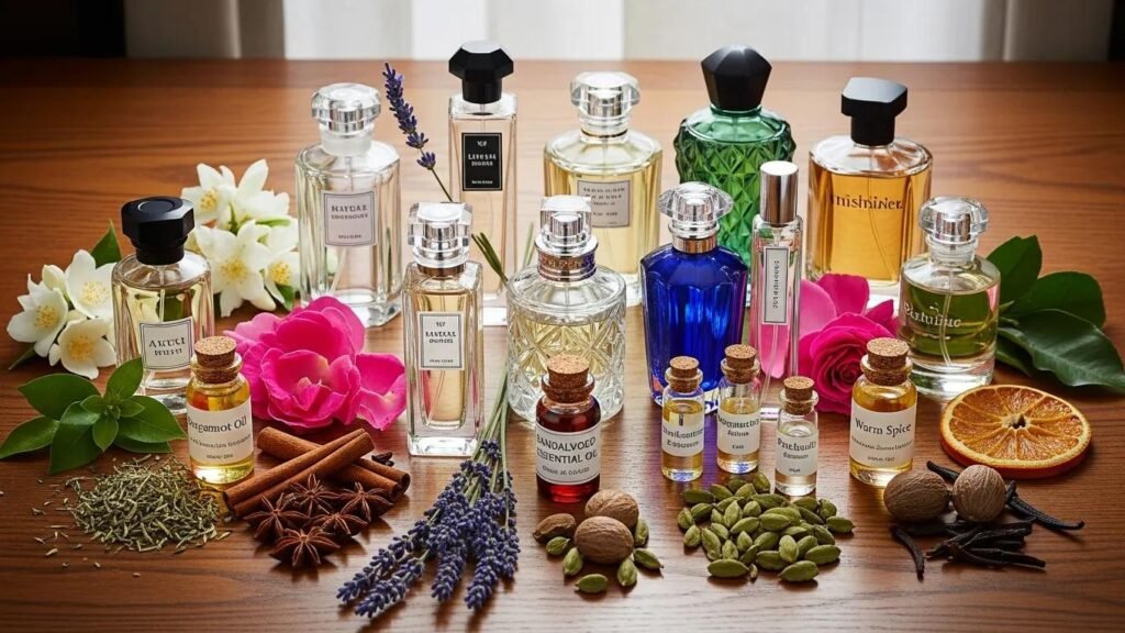 Luxurious perfume bottles surrounded by raw materials like flowers and spices, representing the art of fragrance creation