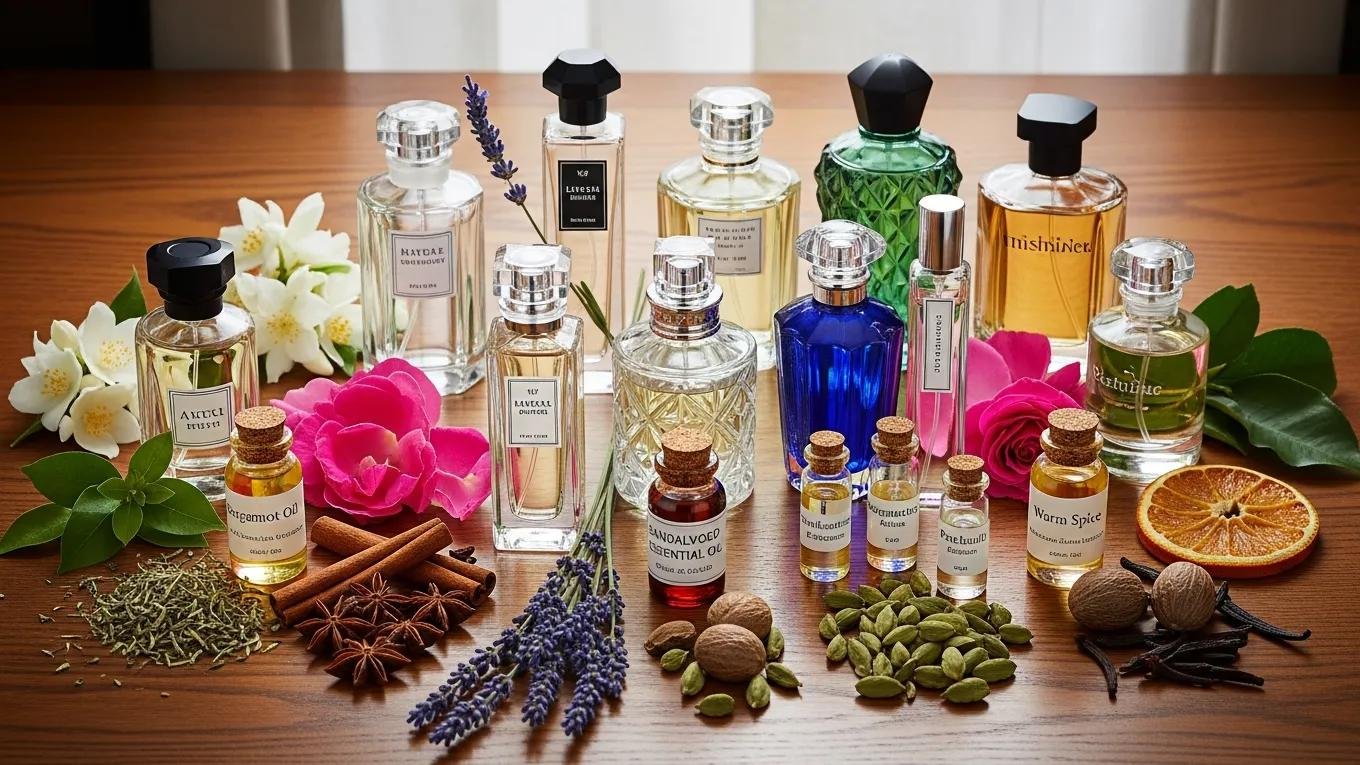 Luxurious perfume bottles surrounded by raw materials like flowers and spices, representing the art of fragrance creation