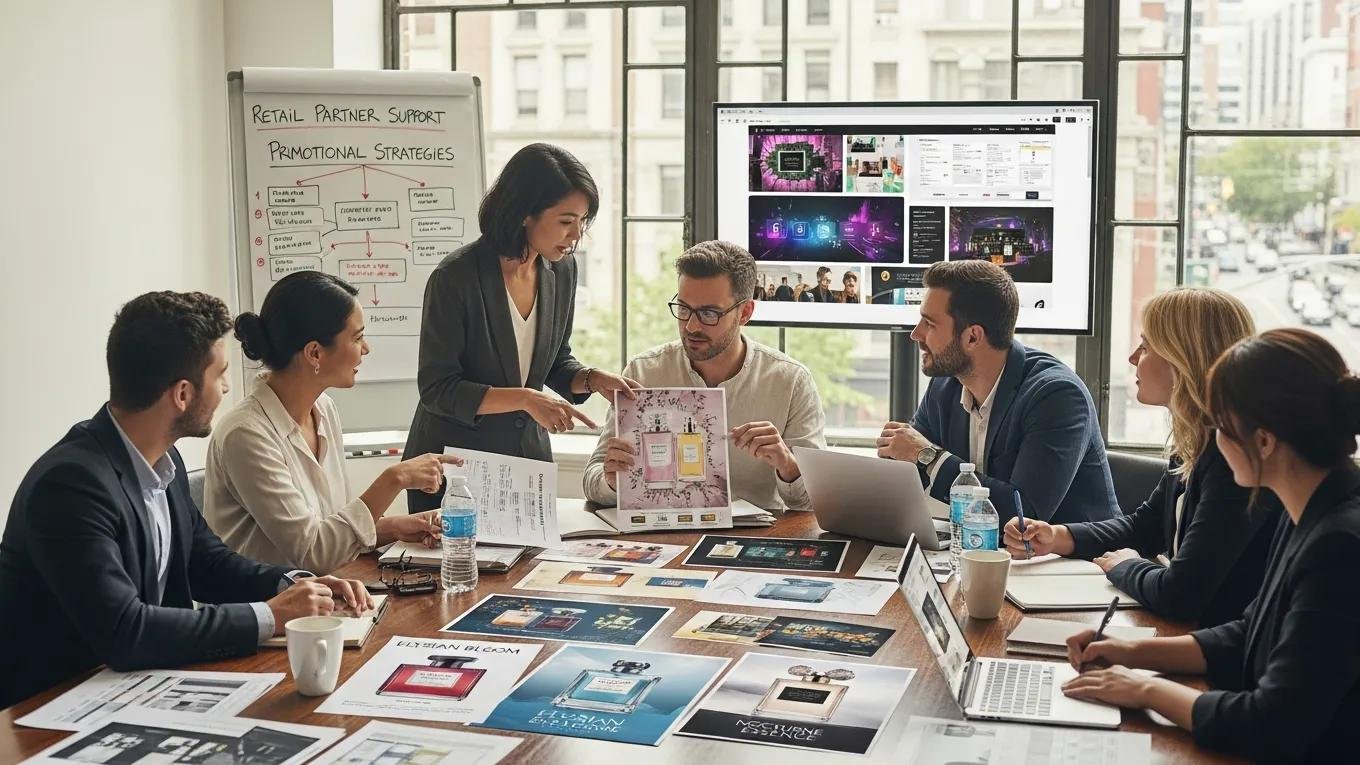 Marketing team collaborating on strategies to enhance consumer engagement for luxury fragrances