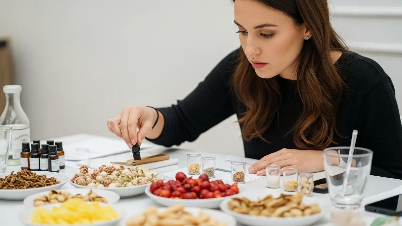Participant selecting scent notes in a perfume blending workshop, surrounded by colorful ingredients