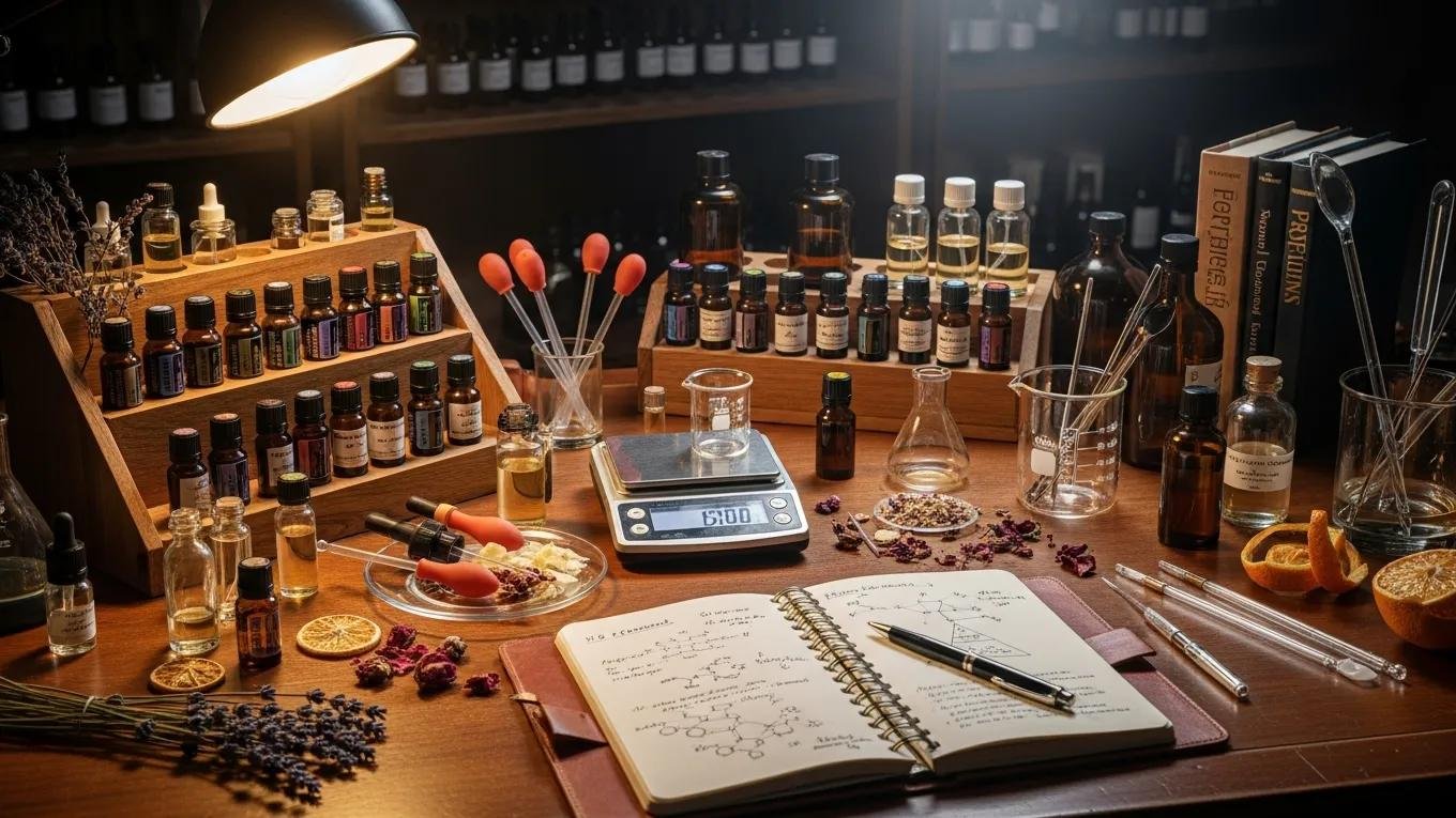 Perfumer's workspace with essential oils and blending tools, showcasing the meticulous process of fragrance formulation