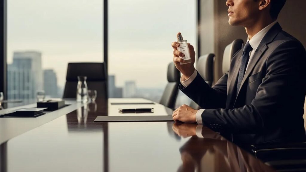 Professional applying fragrance in a stylish boardroom, emphasizing confidence and elegance