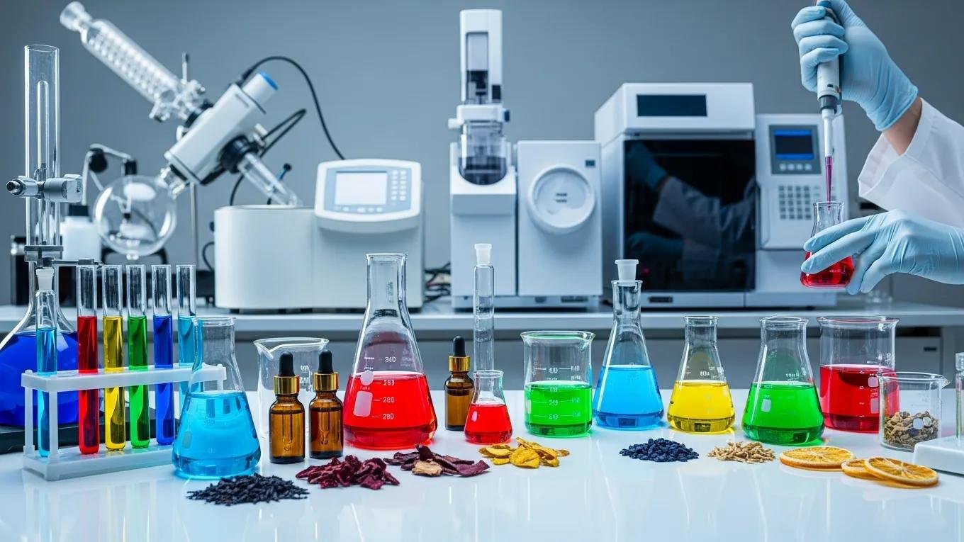Synthetic fragrance ingredients in a laboratory, highlighting innovation and craftsmanship in perfumery