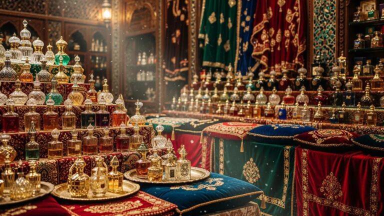 traditional middle eastern perfume shop with ornate bottles and rich fabrics cc1a204c 7249 4813 8867 64124185dc33