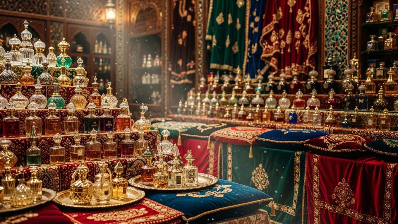 Traditional Middle Eastern perfume shop with ornate bottles and rich fabrics